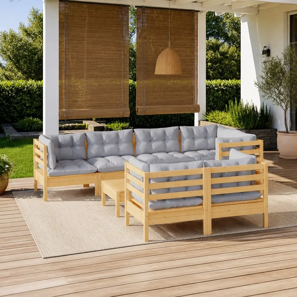 8 Piece Modular Outdoor Patio Furniture Set Solid Pinewood with Grey Cushions Garden Lounge