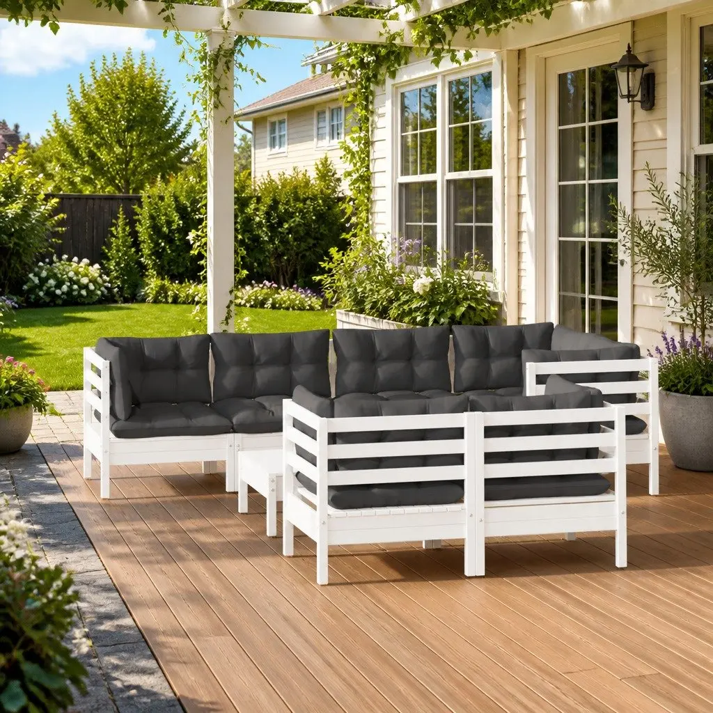 Garden Lounge Set Solid Pinewood 8 Piece Modular White with Cushions