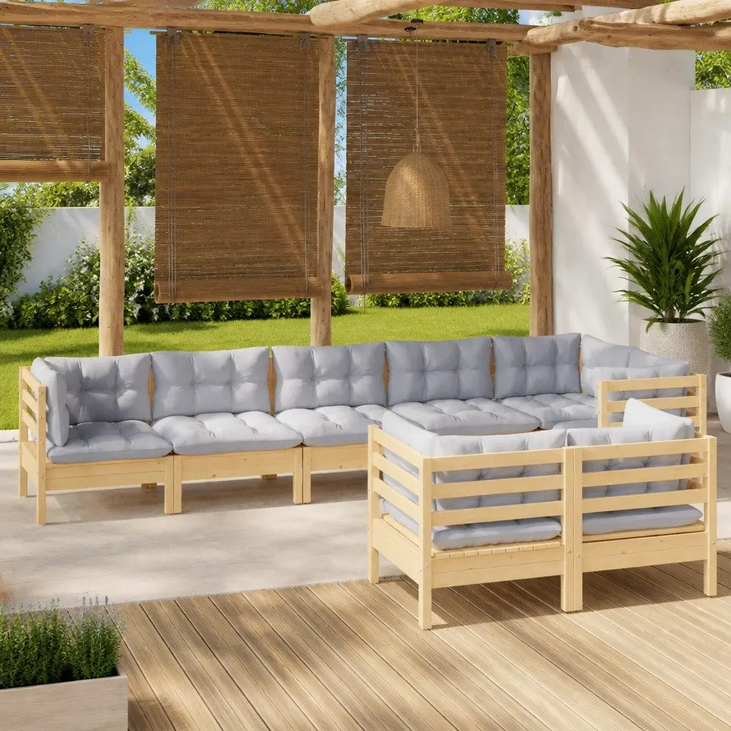 Garden Lounge Set Solid Pinewood 8 Piece Outdoor Patio Furniture Grey Cushions Modular