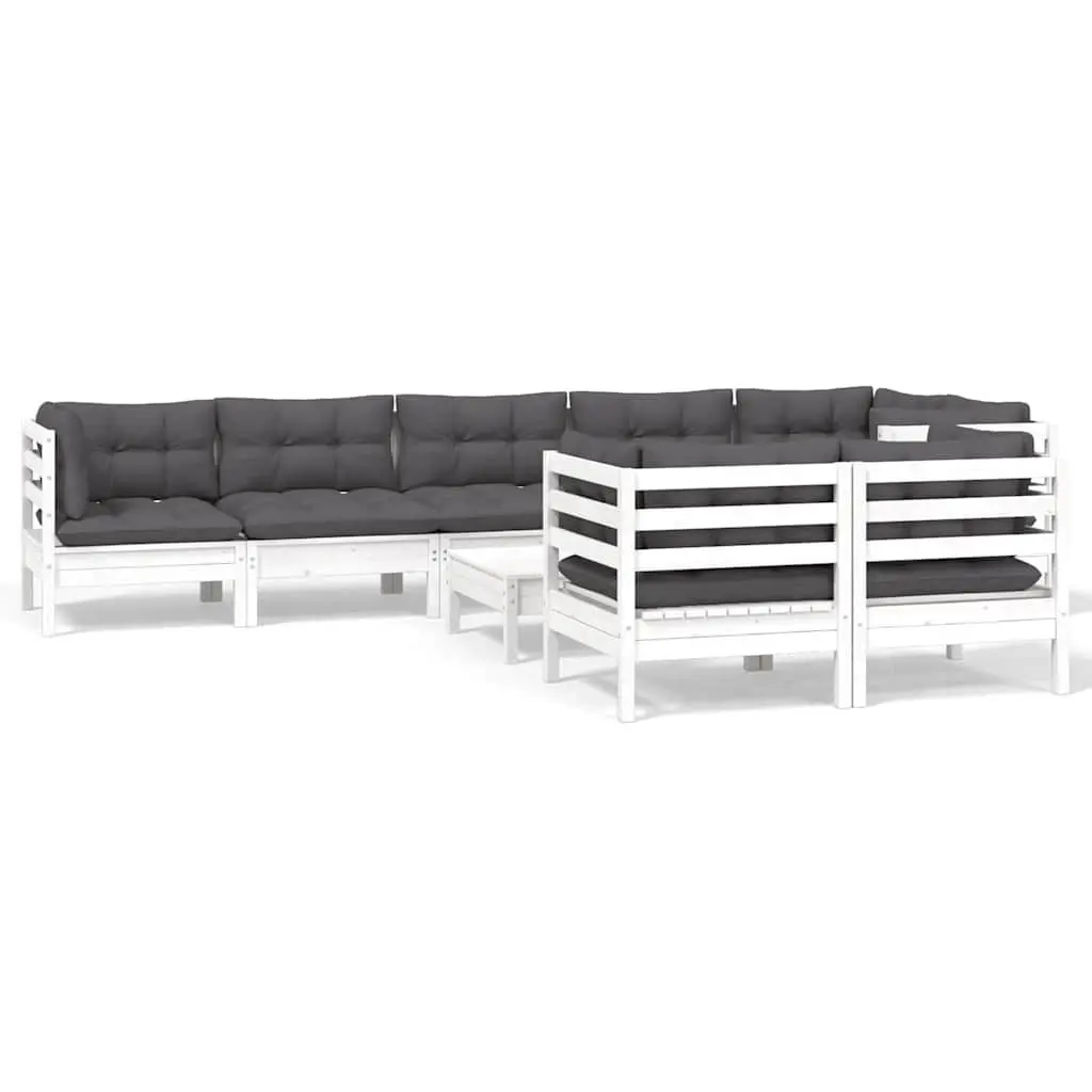 9 Piece Modular Garden Lounge Set White Pinewood Outdoor Furniture with Cushions