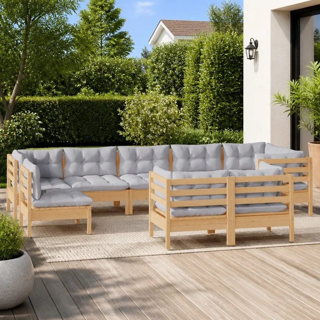 Garden Lounge Set 9 Piece Outdoor Patio Furniture Grey Cushions Pinewood