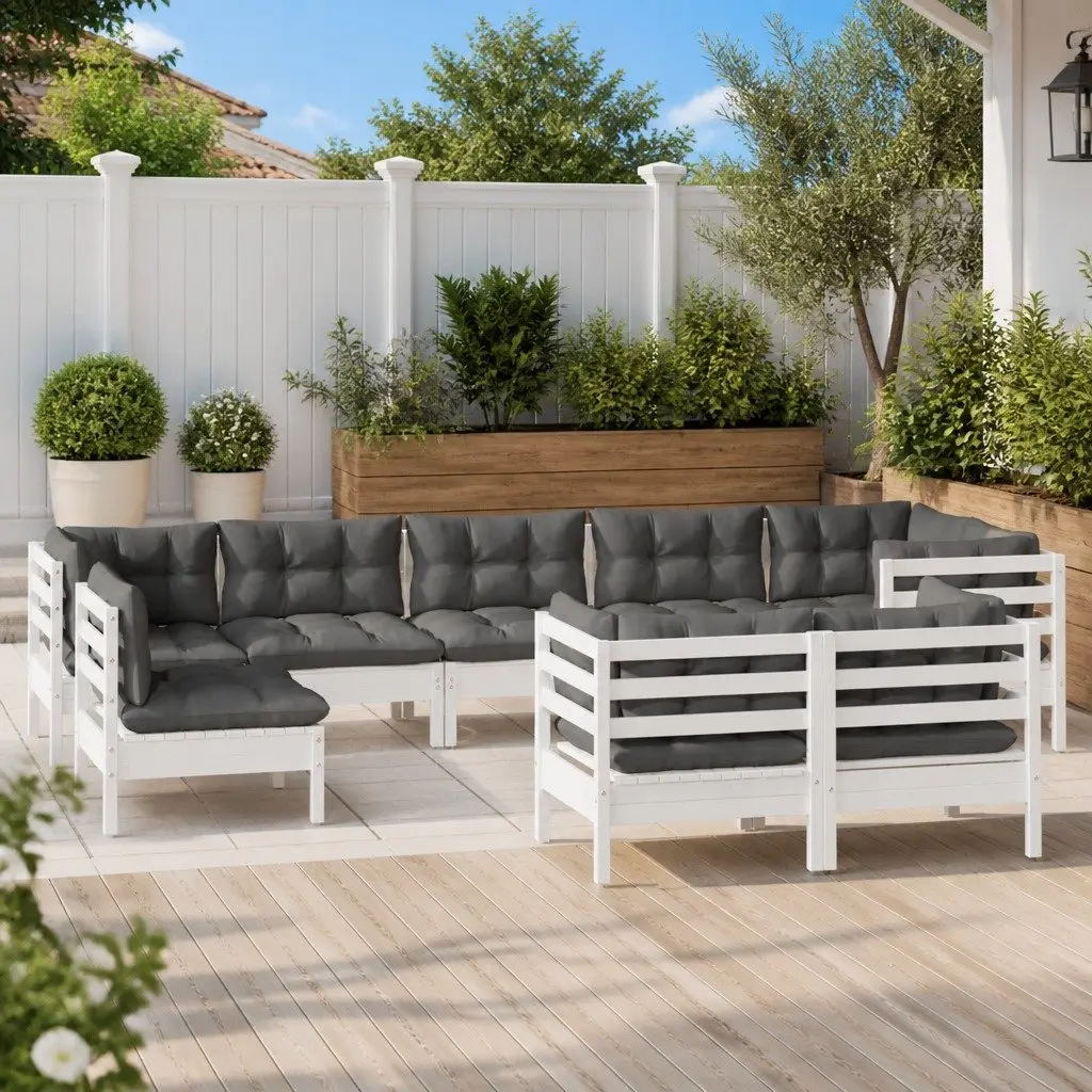 9PieceLoungeSetOutdoorFurnitureModularDesignPinewoodCushionsWhiteGardenPatio