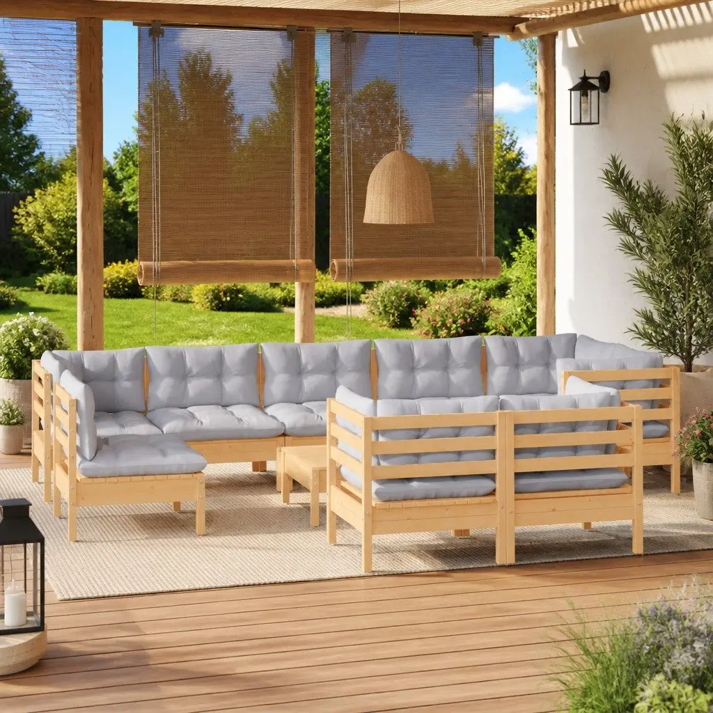 10 Piece Modular Garden Furniture Set Solid Pinewood with Grey Cushions Outdoor Patio Seating
