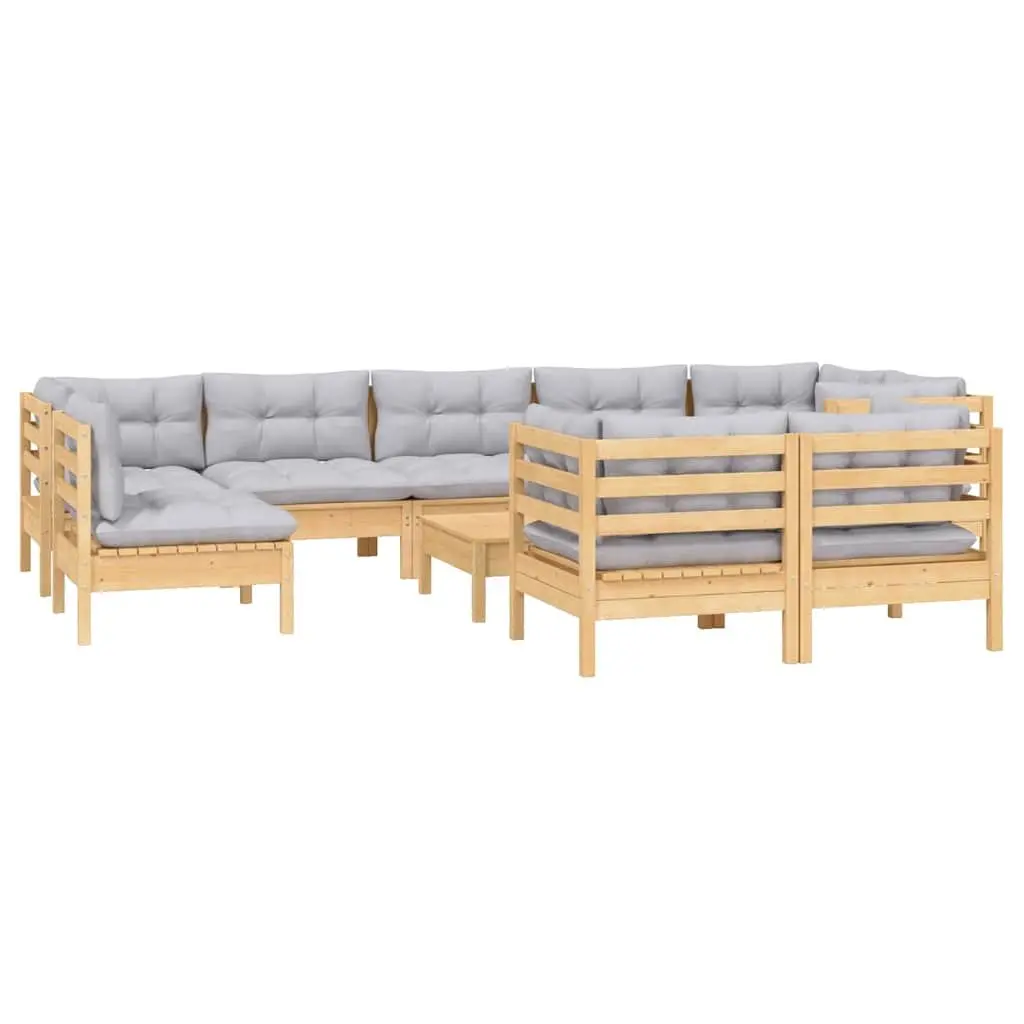 10 Piece Modular Garden Furniture Set Solid Pinewood with Grey Cushions Outdoor Patio Seating