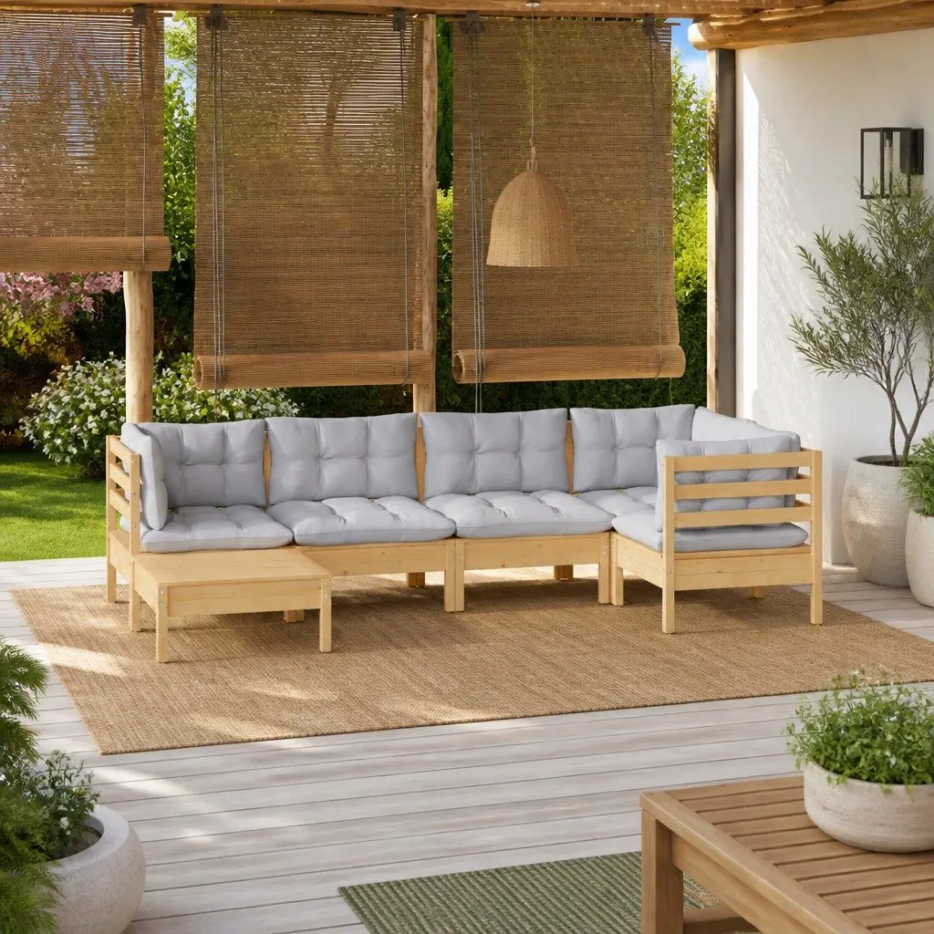 Garden Lounge Set Solid Pinewood 6 Piece Outdoor Patio Furniture Grey Cushions Modular Seating