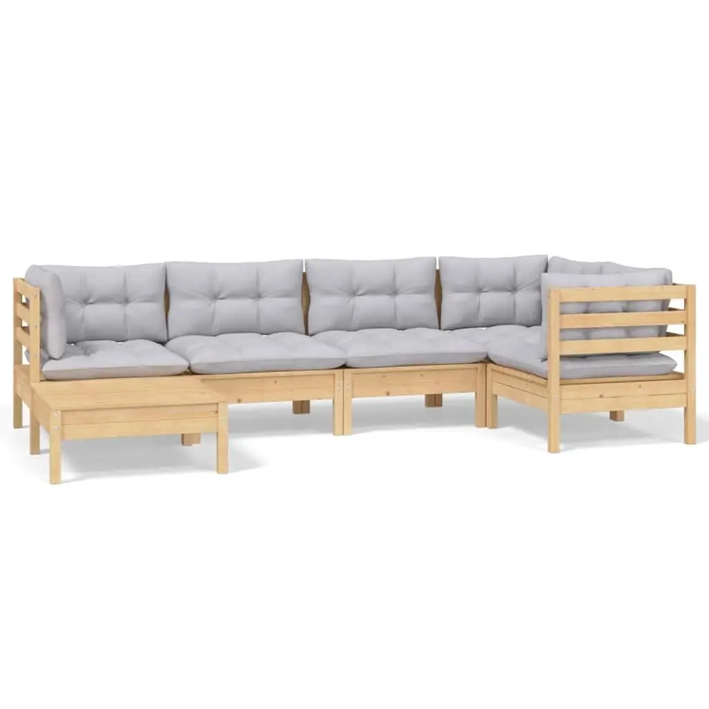 Garden Lounge Set Solid Pinewood 6 Piece Outdoor Patio Furniture Grey Cushions Modular Seating