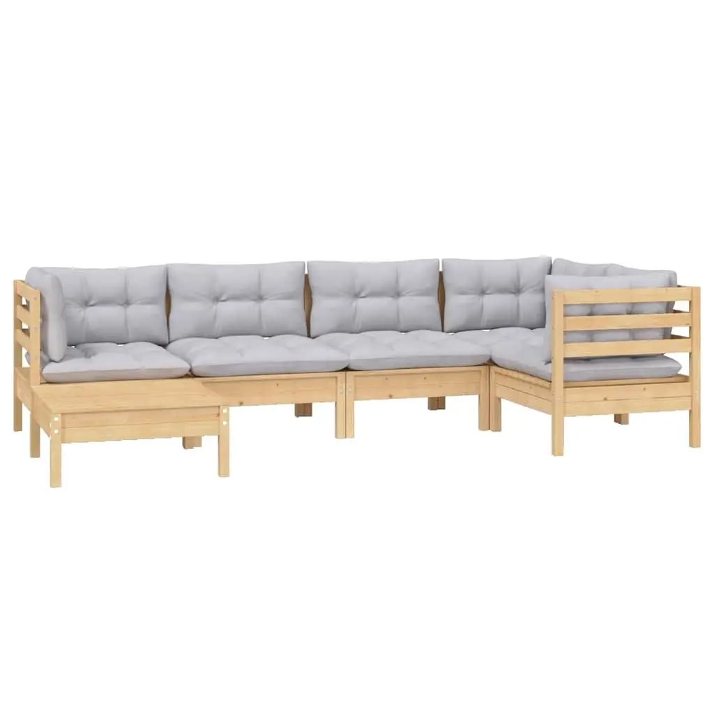 Garden Lounge Set Solid Pinewood 6 Piece Outdoor Patio Furniture Grey Cushions Modular Seating