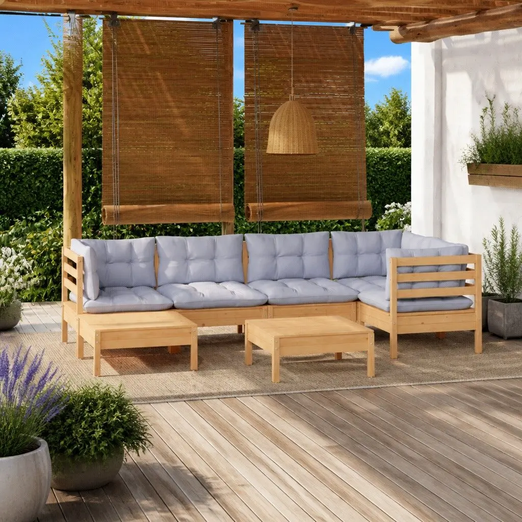 Garden Lounge Set Solid Pinewood 7 Piece Outdoor Furniture Modular Sofa Grey Cushions