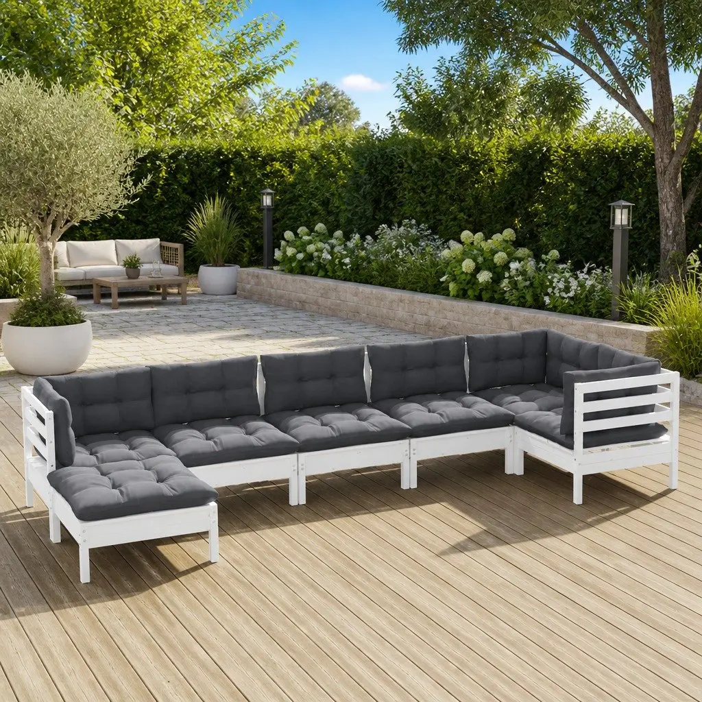 7 Piece Garden Lounge Set Solid Pinewood White Outdoor Patio with Cushions