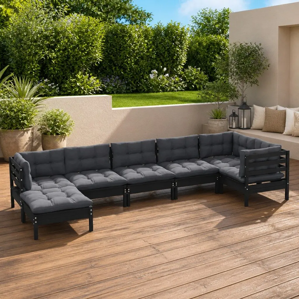 Garden Lounge Set Solid Pinewood 7 Piece Outdoor Patio Furniture Black Cushions