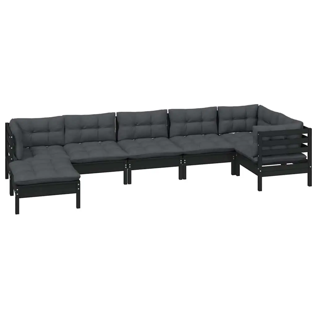 Garden Lounge Set Solid Pinewood 7 Piece Outdoor Patio Furniture Black Cushions