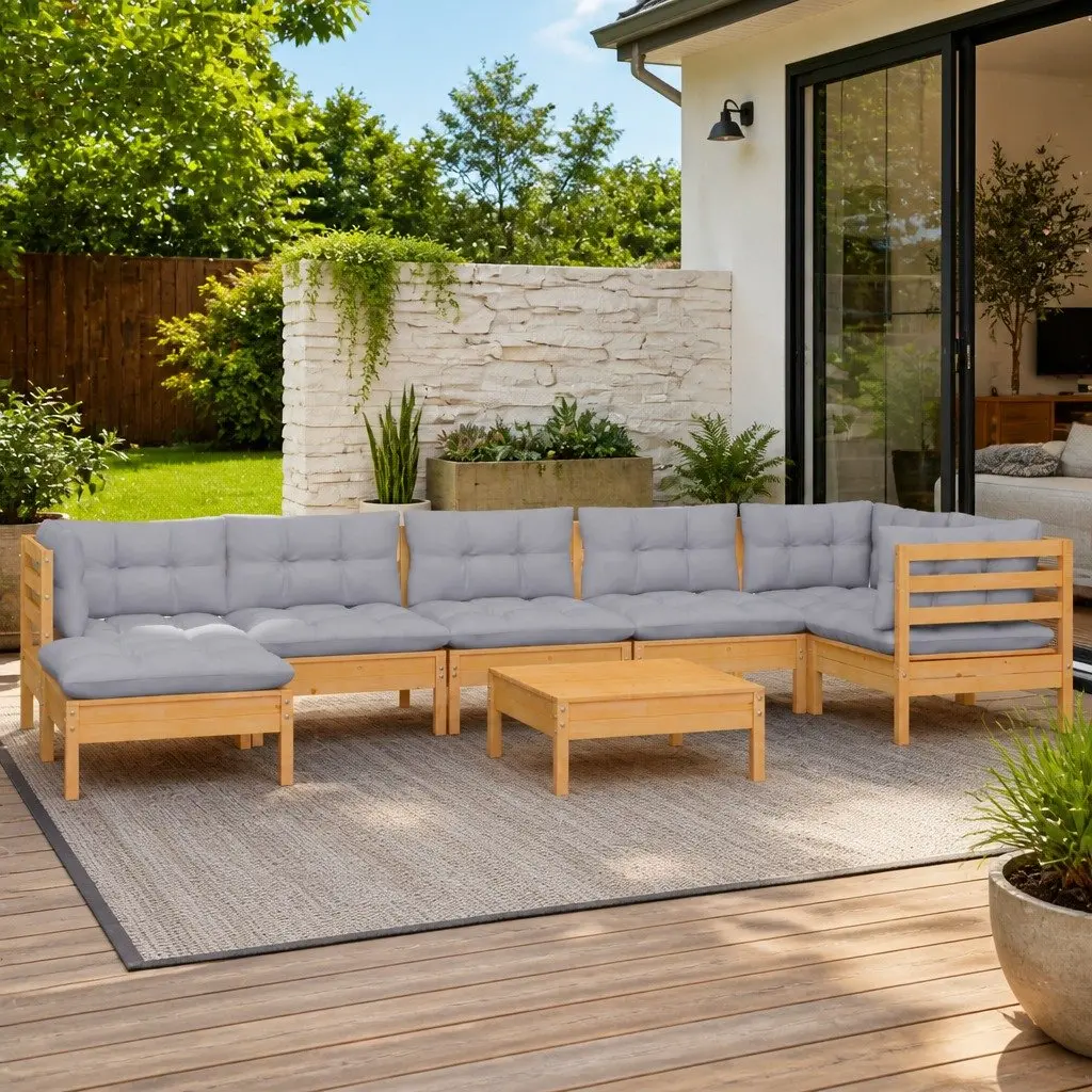 Modular 8 Piece Outdoor Lounge Set with Soft Grey Cushions
