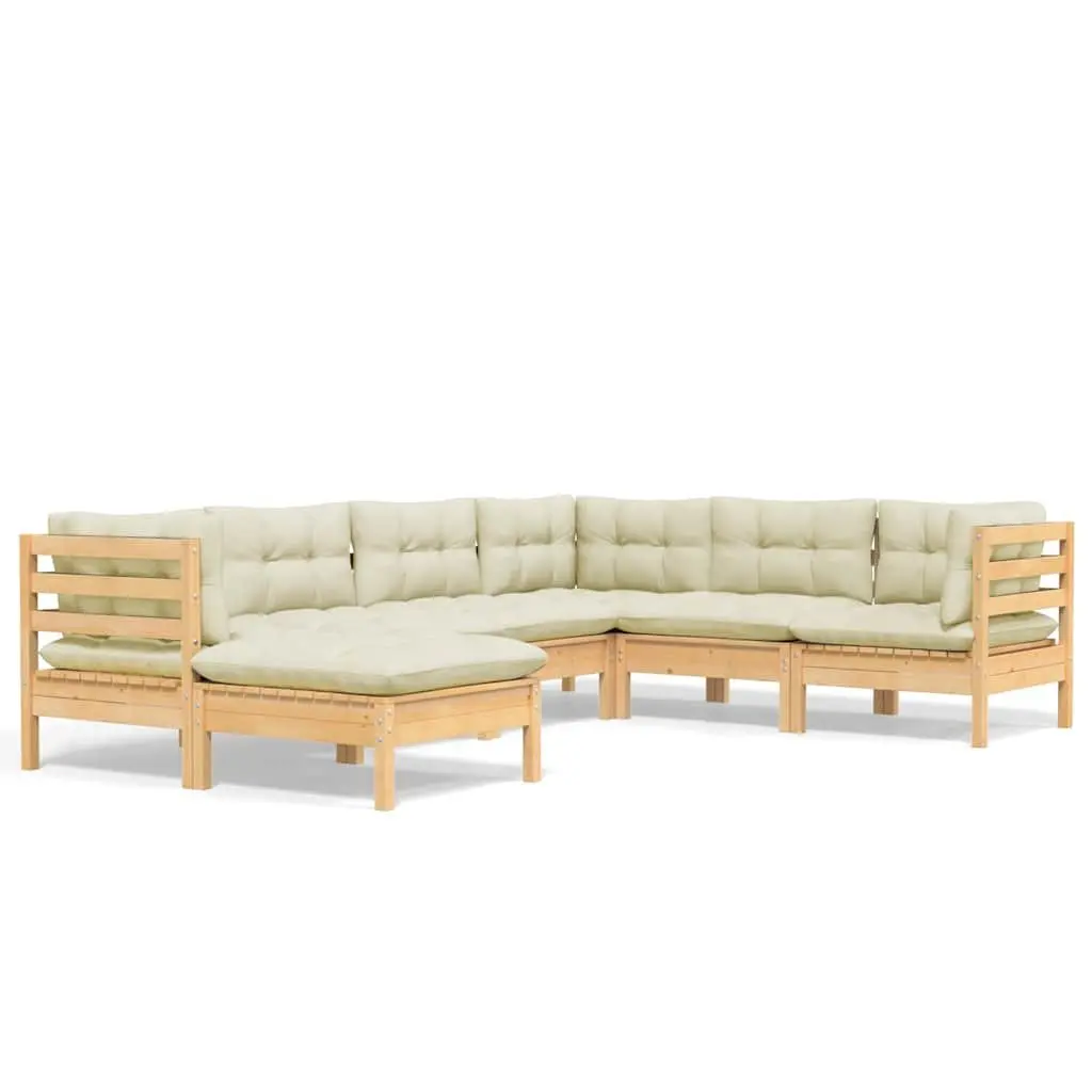 Garden Lounge Set Solid Pinewood 7 Piece Outdoor Furniture Patio Sofa Brown with Cream Cushions