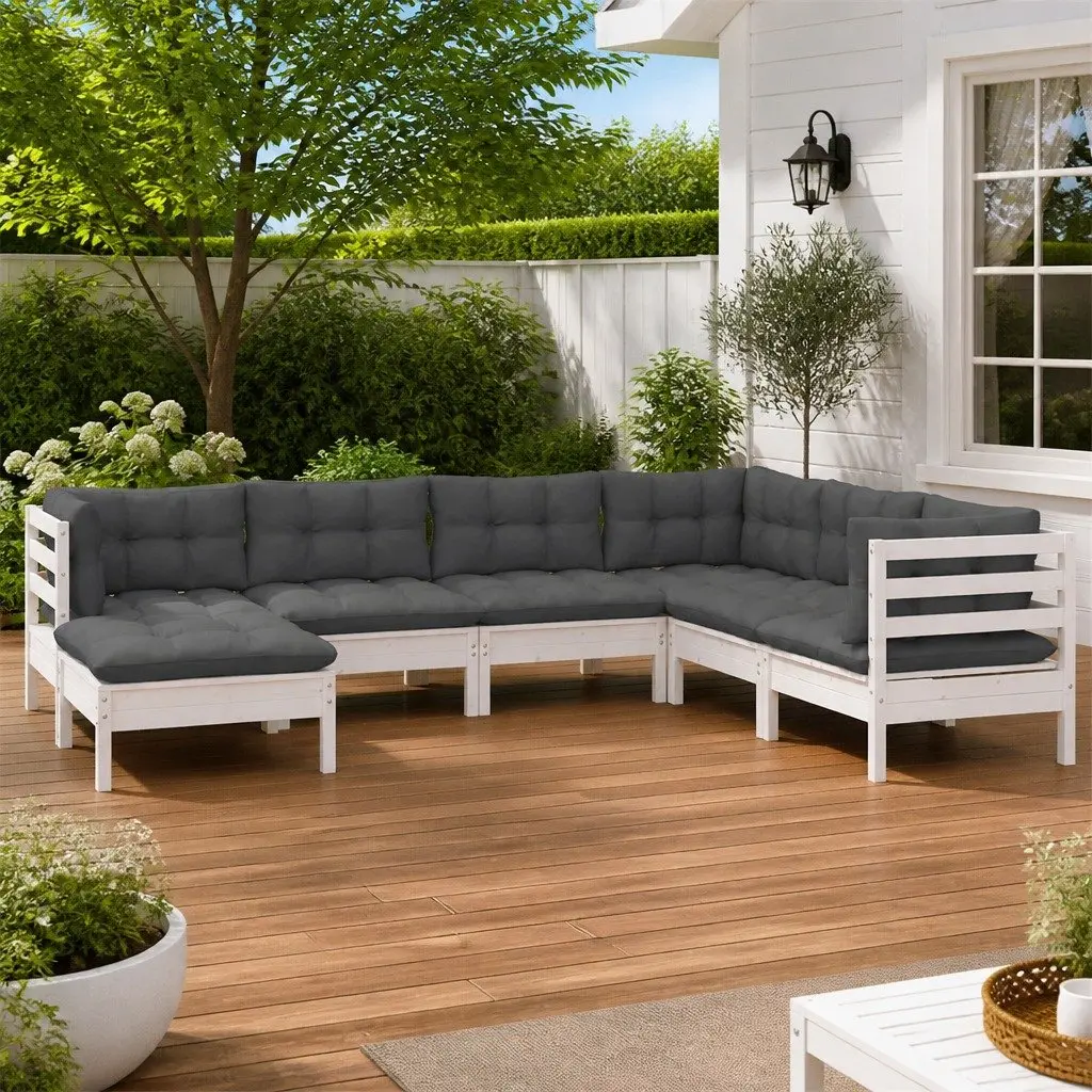 7 Piece Modular Outdoor Patio Furniture Set White Cushions Solid Pinewood Garden Lounge