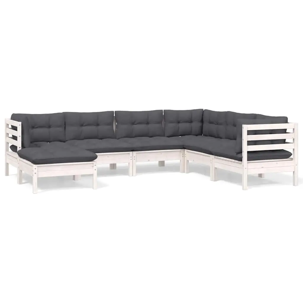 7 Piece Modular Outdoor Patio Furniture Set White Cushions Solid Pinewood Garden Lounge