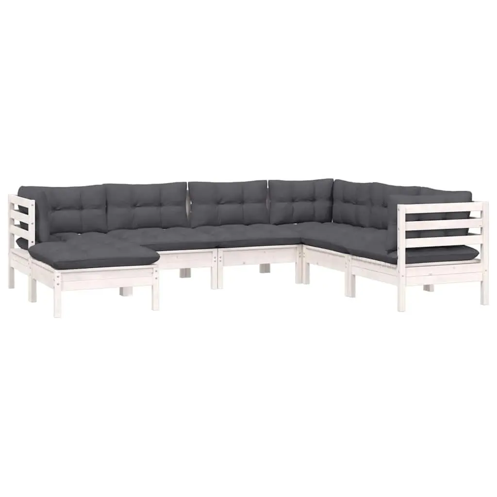 7 Piece Modular Outdoor Patio Furniture Set White Cushions Solid Pinewood Garden Lounge