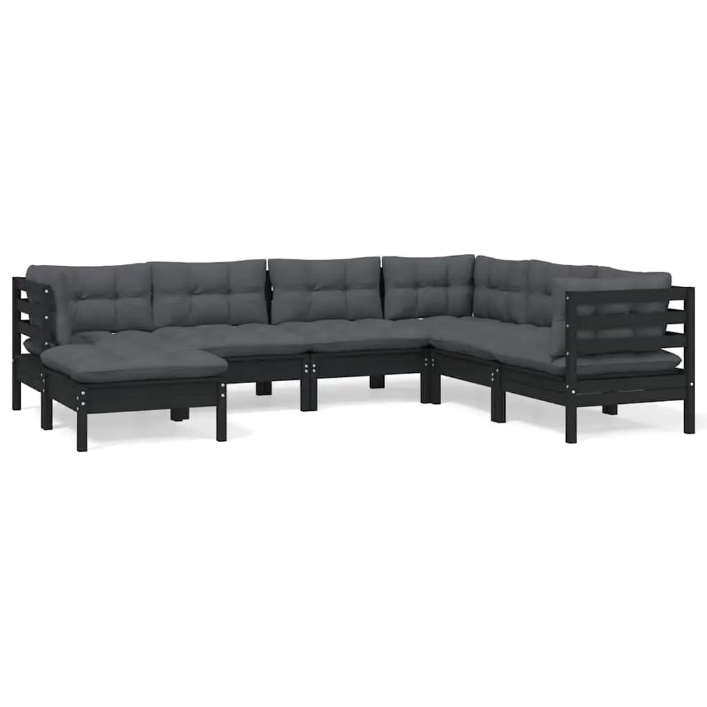 7 Piece Modular Garden Lounge Set Outdoor Patio Furniture Black Solid Pinewood with Cushions