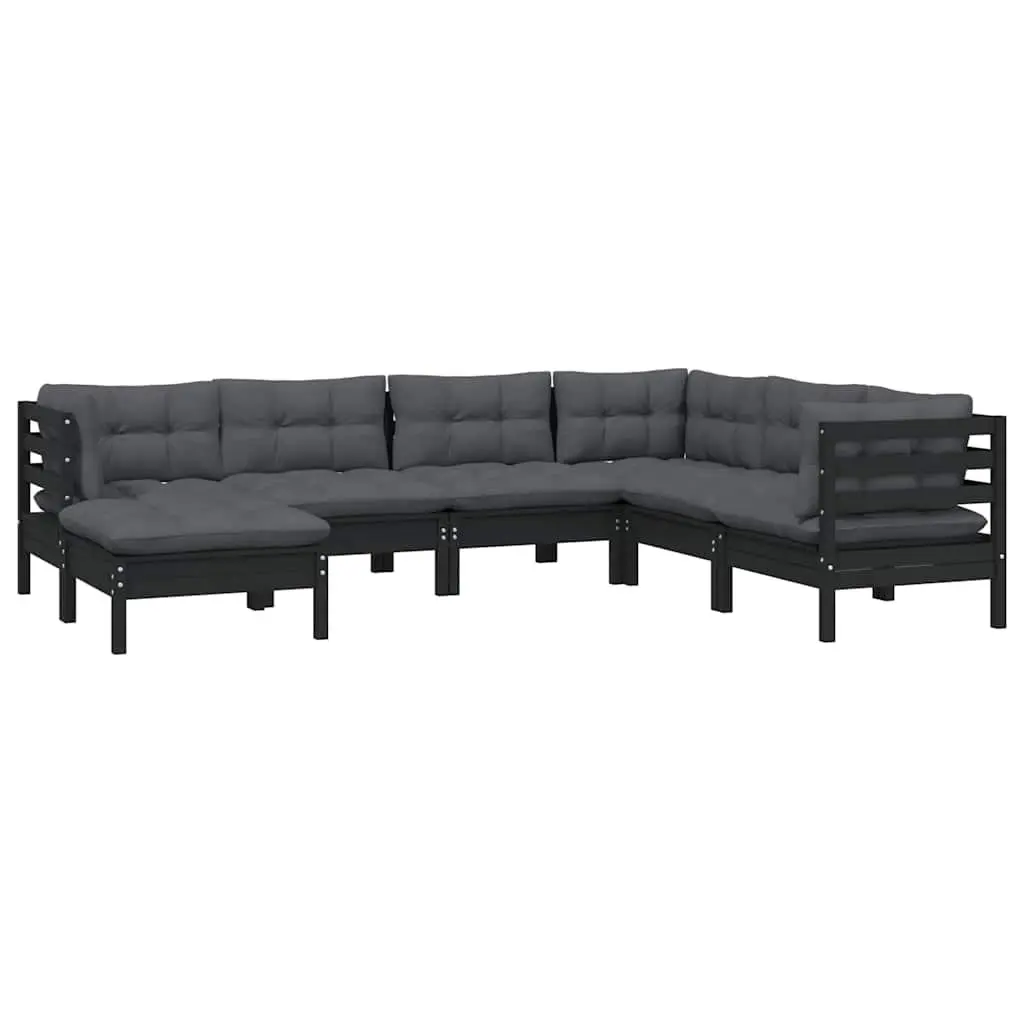 7 Piece Modular Garden Lounge Set Outdoor Patio Furniture Black Solid Pinewood with Cushions