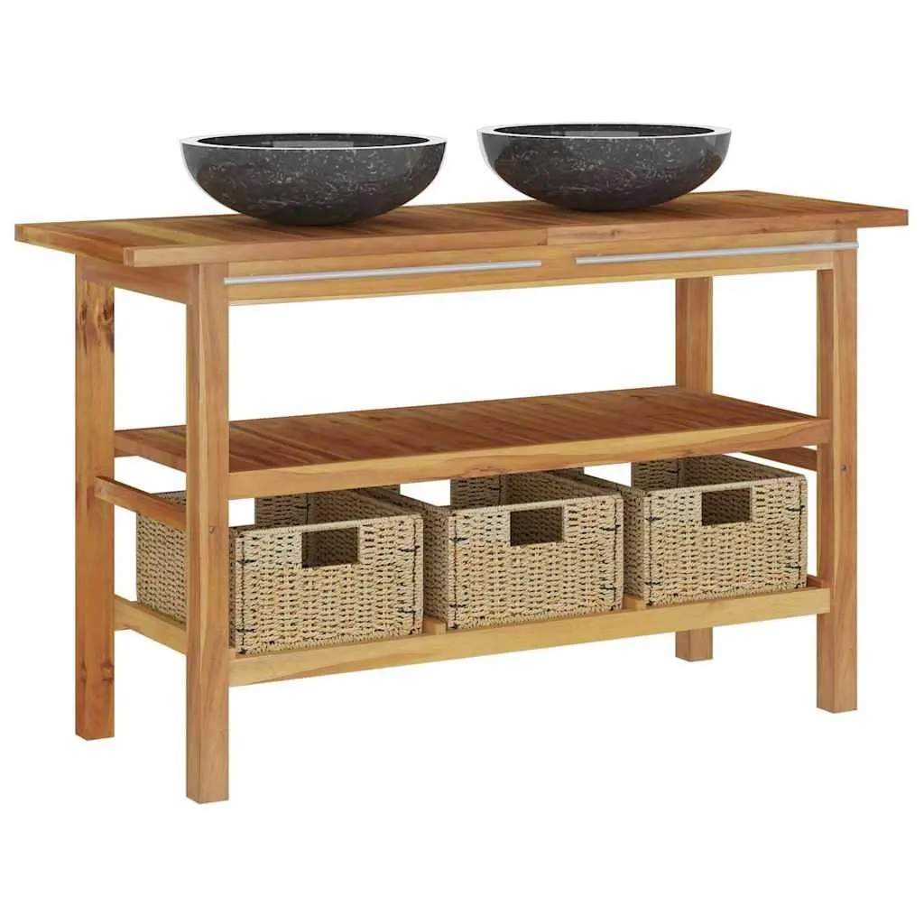 Double Sink Bathroom Vanity Cabinet Teak Wood with Marble Basins and Storage Baskets Black