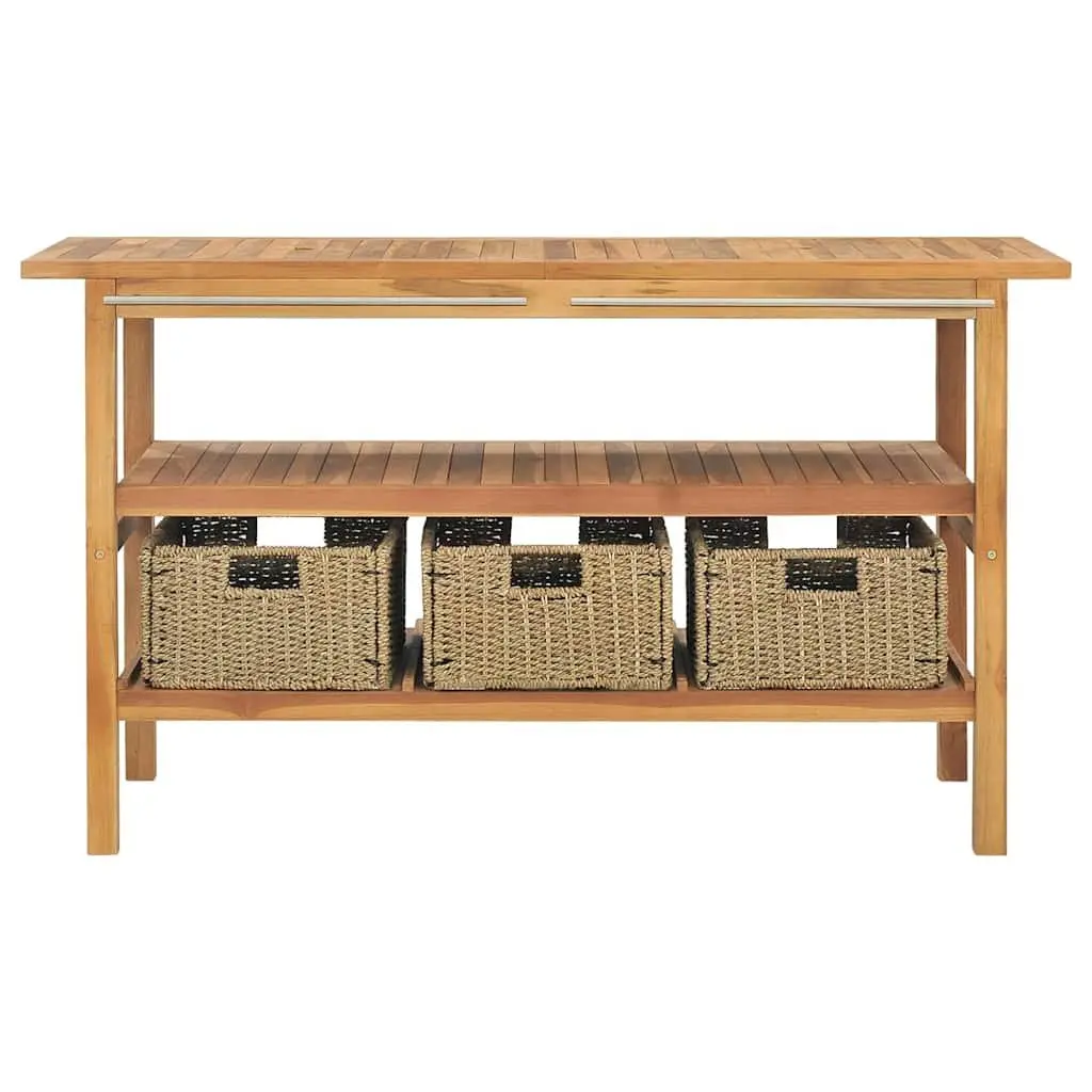 Double Sink Bathroom Vanity Cabinet Teak Wood with Marble Basins and Storage Baskets Black