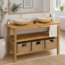 Bathroom Vanity Cabinet with 2 Marble Sinks Solid Teak Wood Storage Baskets