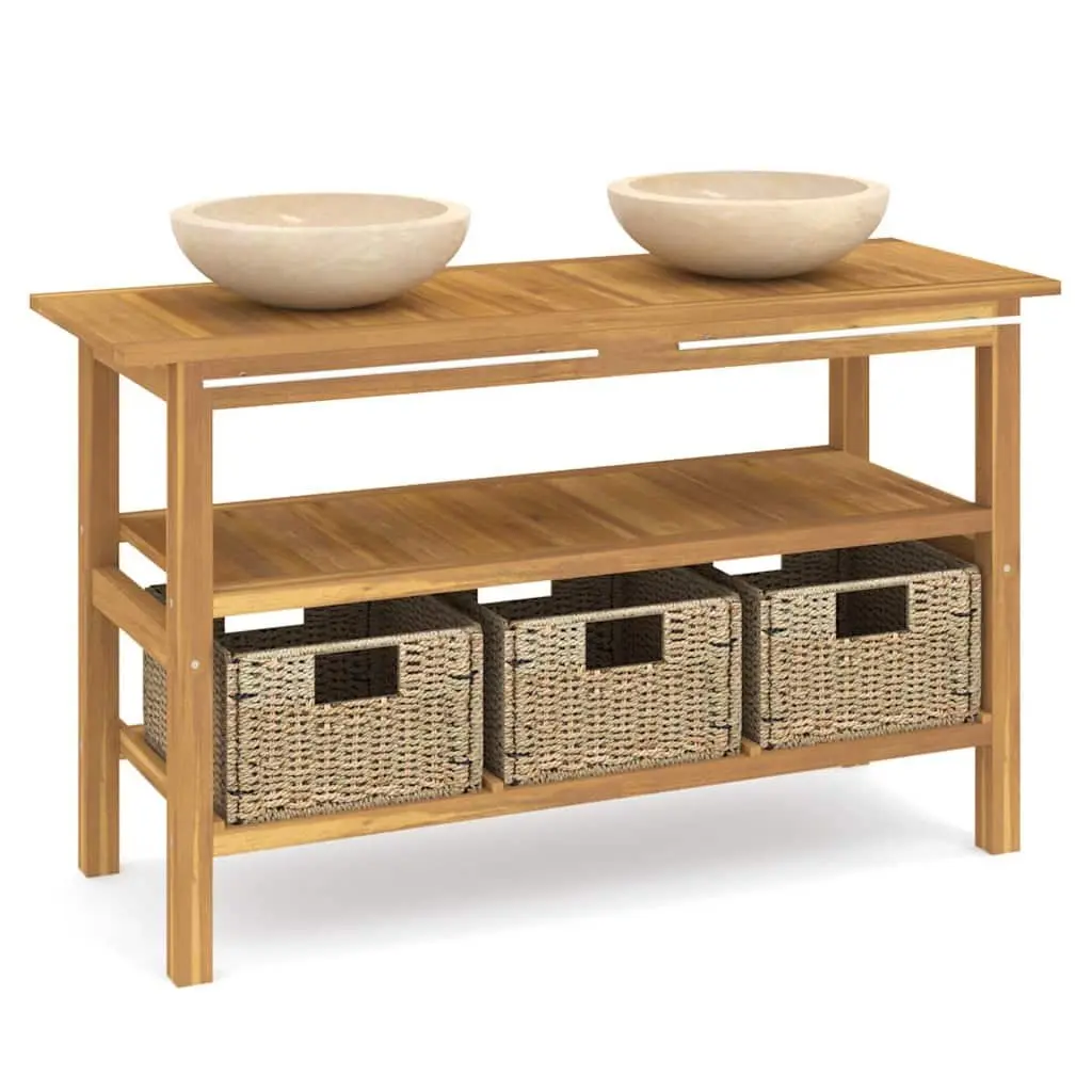 Bathroom Vanity Cabinet Solid Teak Wood 2 Marble Sinks Cream Colour with Storage Baskets