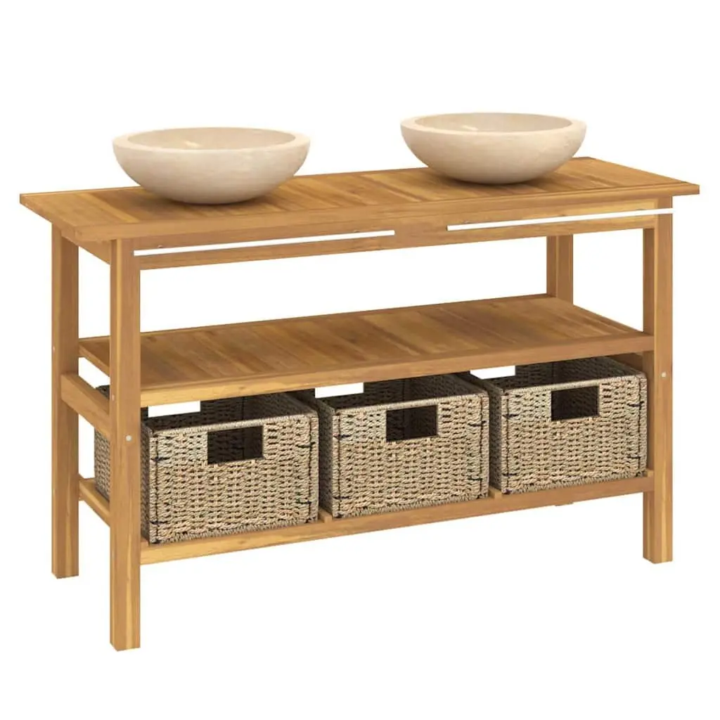 Bathroom Vanity Cabinet Solid Teak Wood 2 Marble Sinks Cream Colour with Storage Baskets