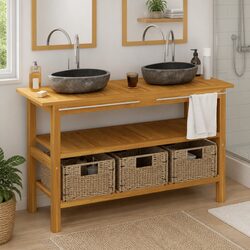 Bathroom Vanity Cabinet Dual Basin River Stone Sinks Solid Teak Wood Storage