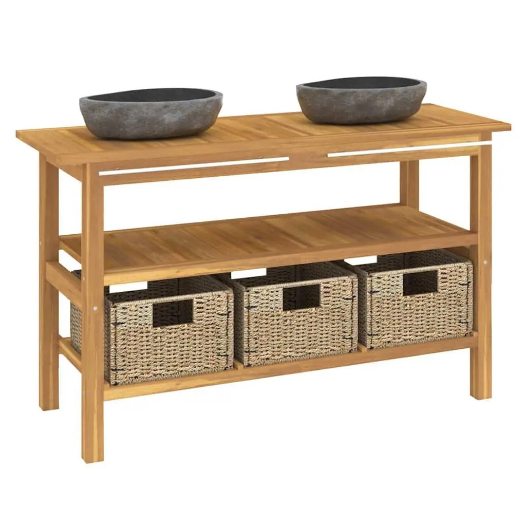 Bathroom Vanity Cabinet Solid Teak Wood Dual Basin River Stone Sinks Cream