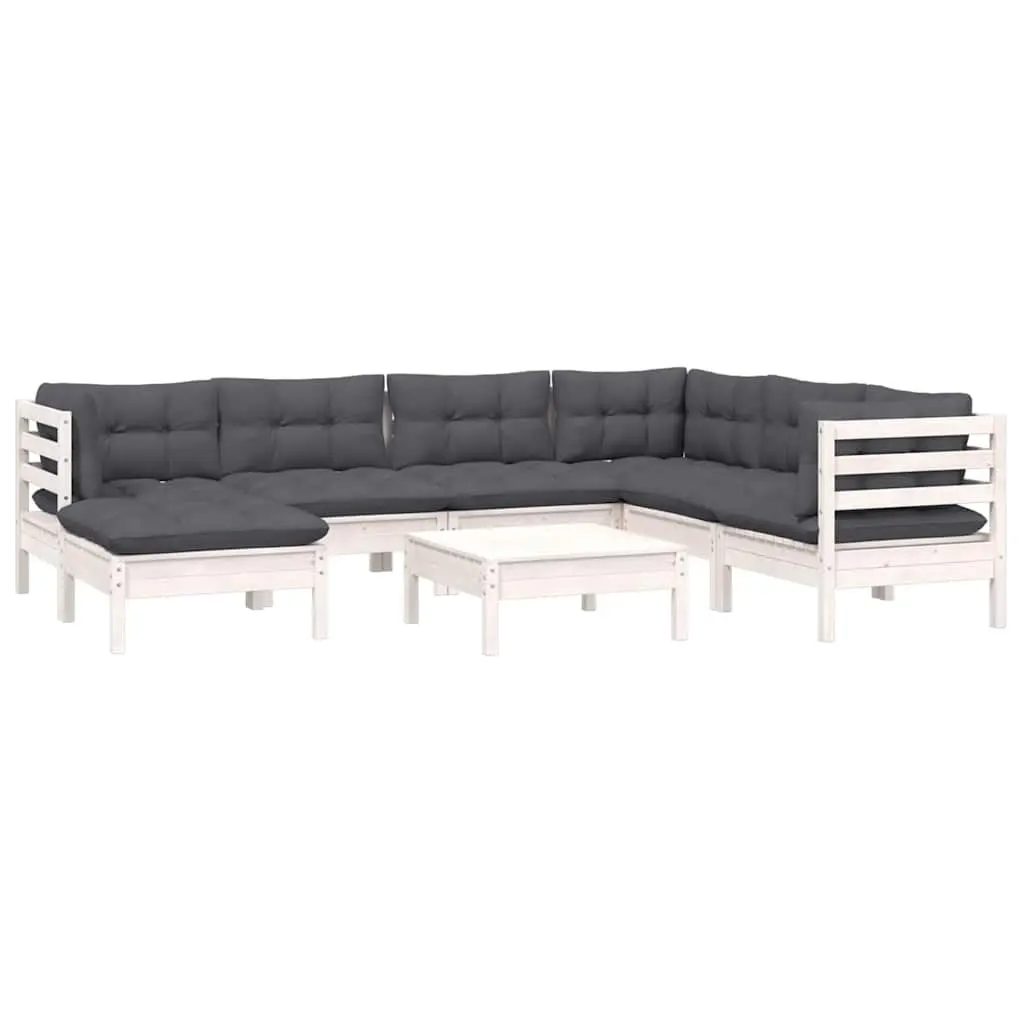 Garden Lounge Set Solid Pinewood 8 Piece Outdoor Patio Furniture White Cushions Modular Seating