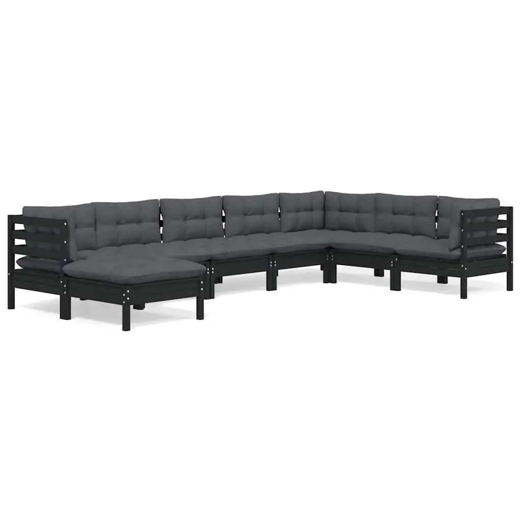 8 Piece Modular Garden Lounge Set Black Solid Pinewood with Cushions Outdoor Furniture