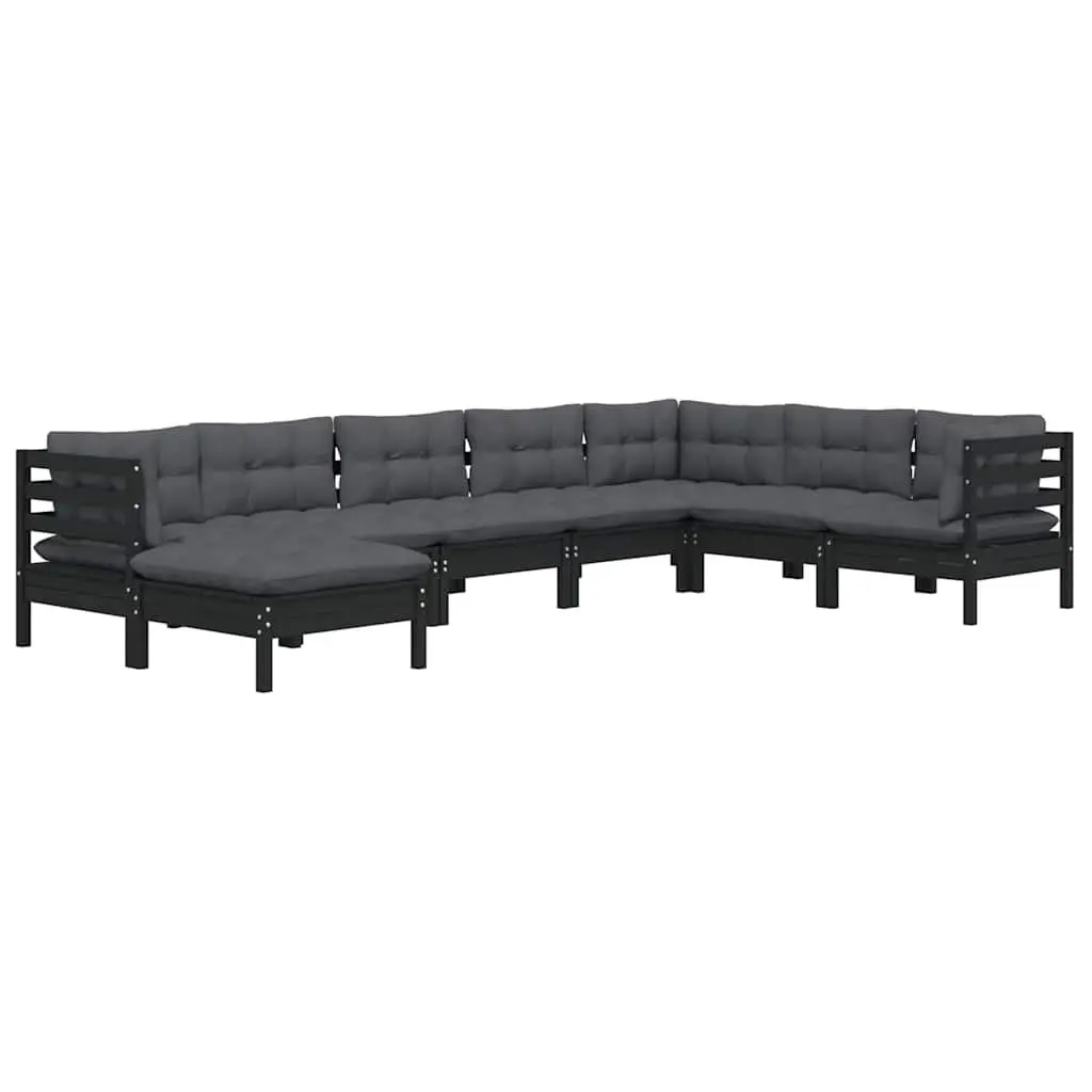 8 Piece Modular Garden Lounge Set Black Solid Pinewood with Cushions Outdoor Furniture