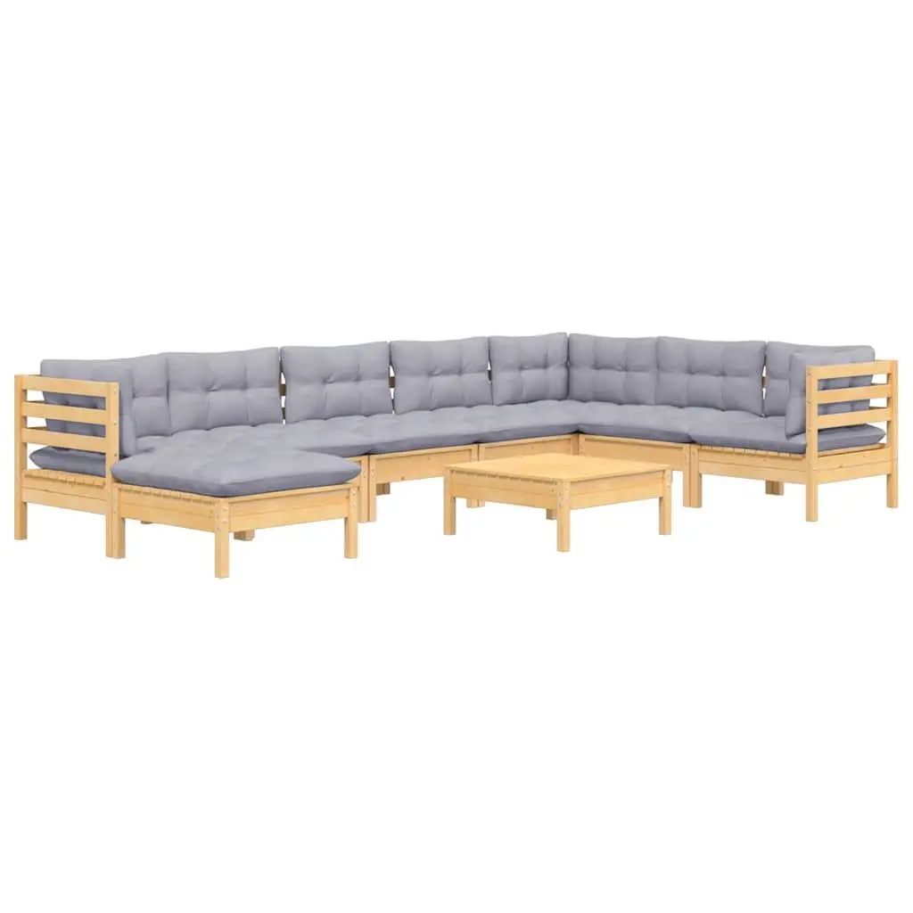 Modular Garden Lounge Set Solid Pinewood 9 Piece Outdoor Furniture Grey Cushions
