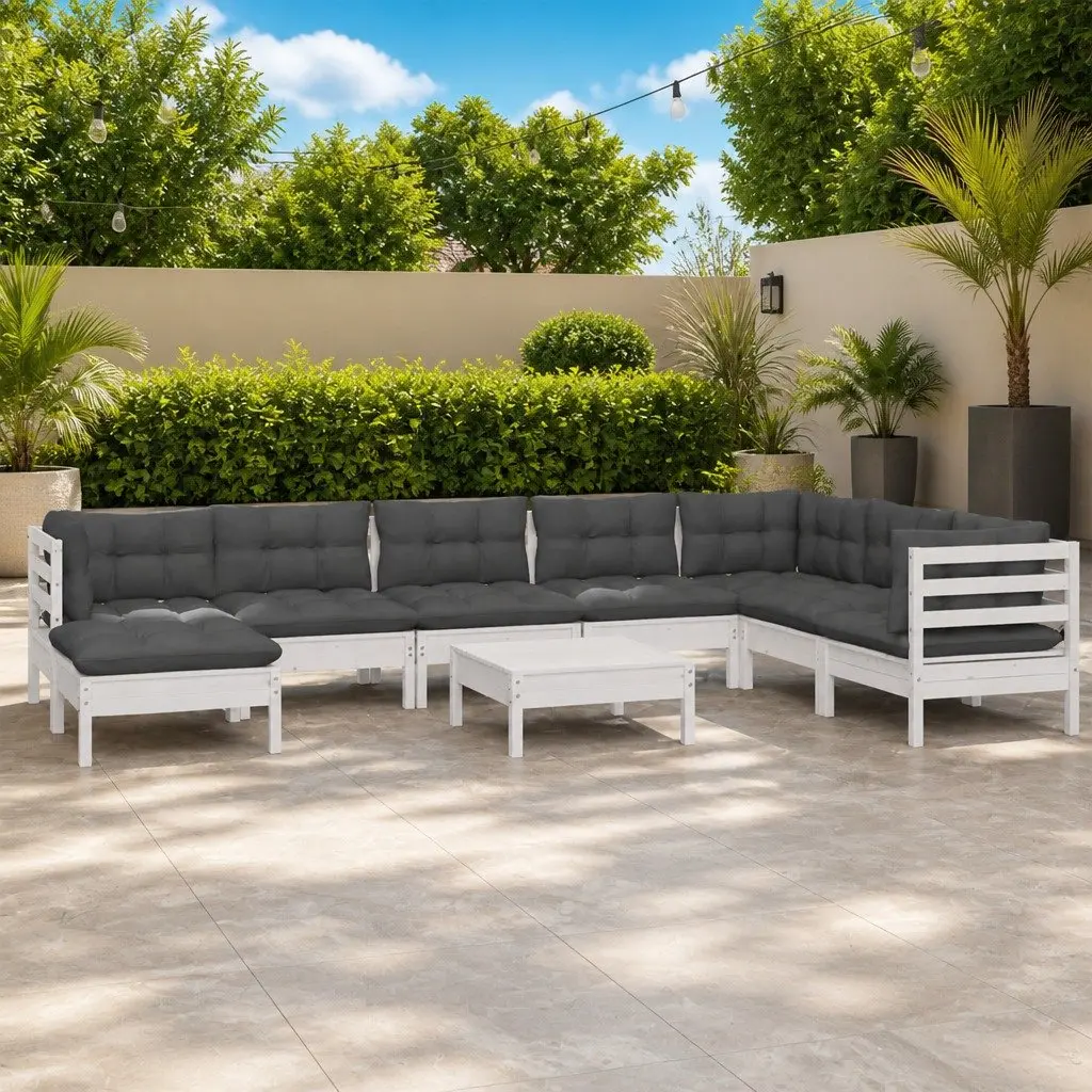 Garden Lounge Set Solid Pinewood 9 Piece Outdoor Furniture White with Cushions