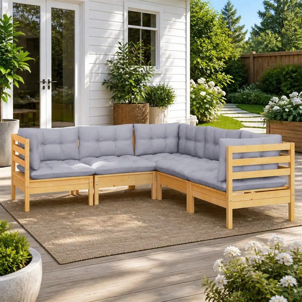 Modular Garden Lounge Furniture Set Solid Pinewood 5 Piece with Grey Cushions for Outdoor Patio and Garden Seating