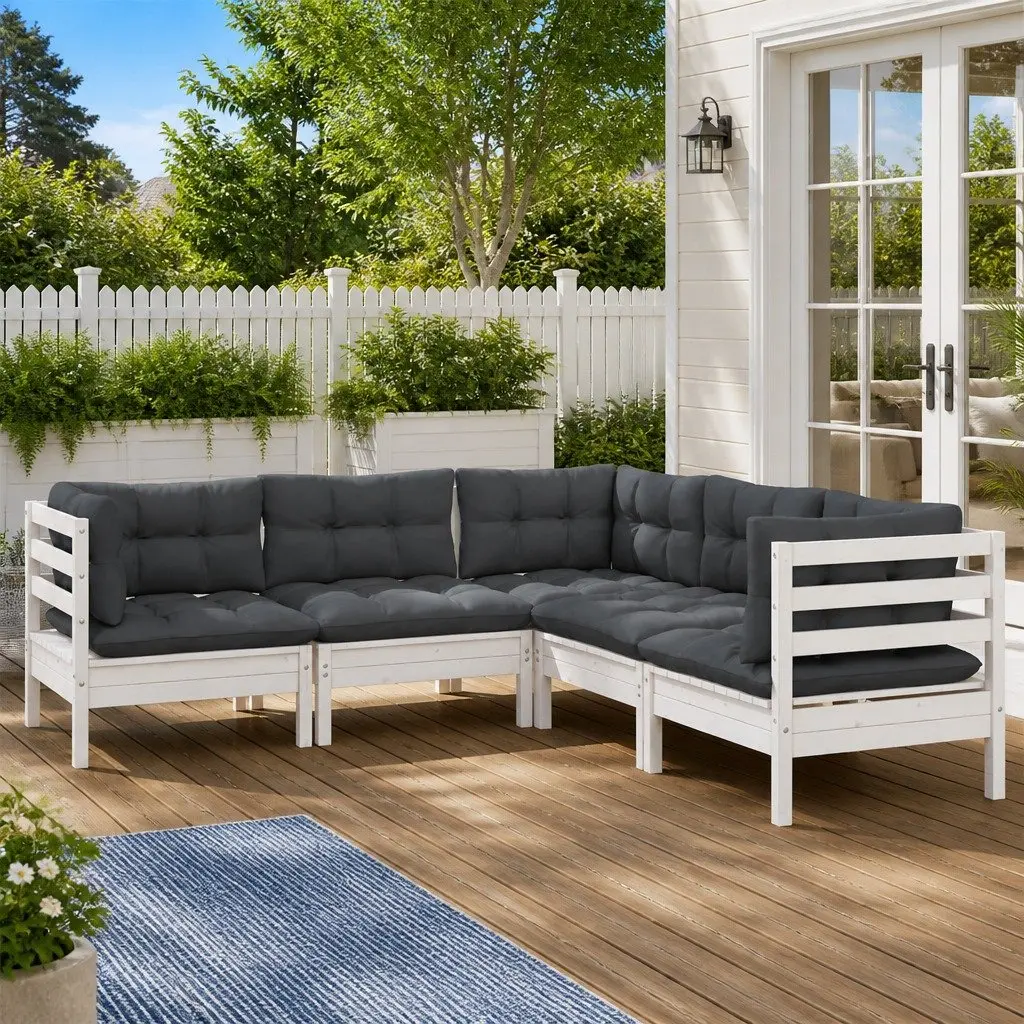 5 Piece Modular Outdoor Patio Lounge Set in White with Cushions Made of Solid Pinewood