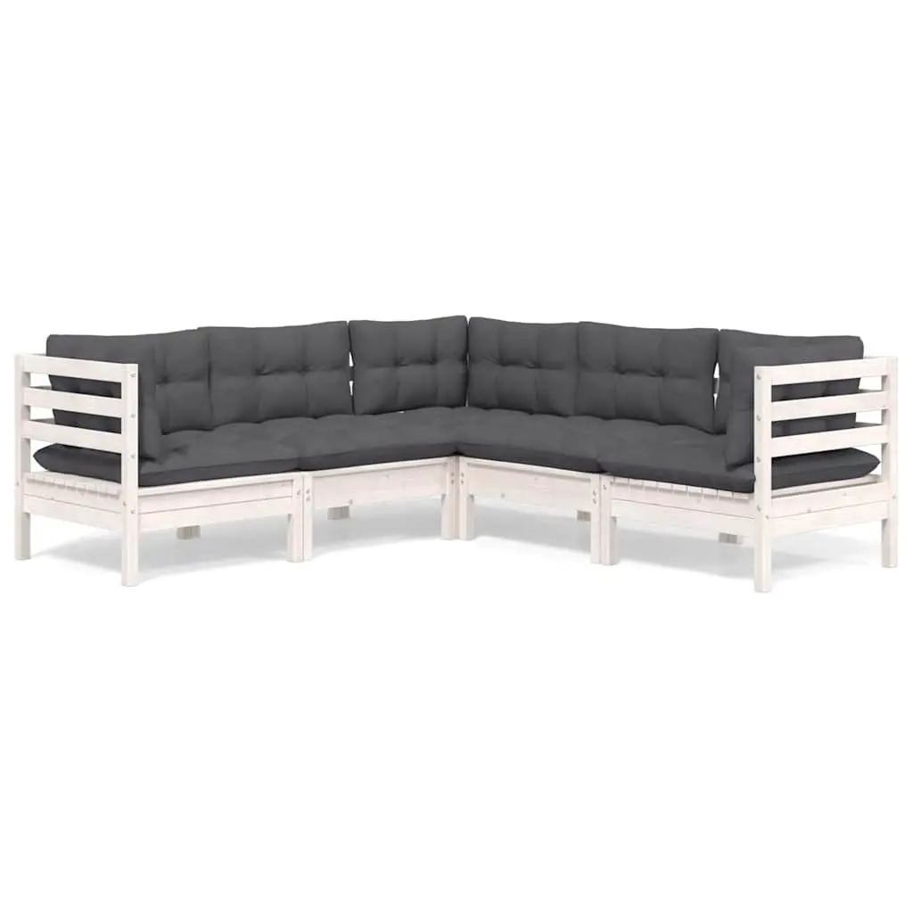 5 Piece Modular Outdoor Patio Lounge Set in White with Cushions Made of Solid Pinewood