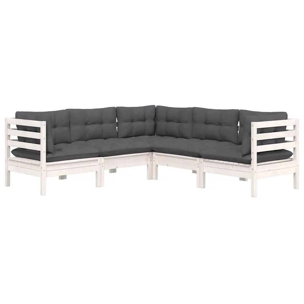 5 Piece Modular Outdoor Patio Lounge Set in White with Cushions Made of Solid Pinewood