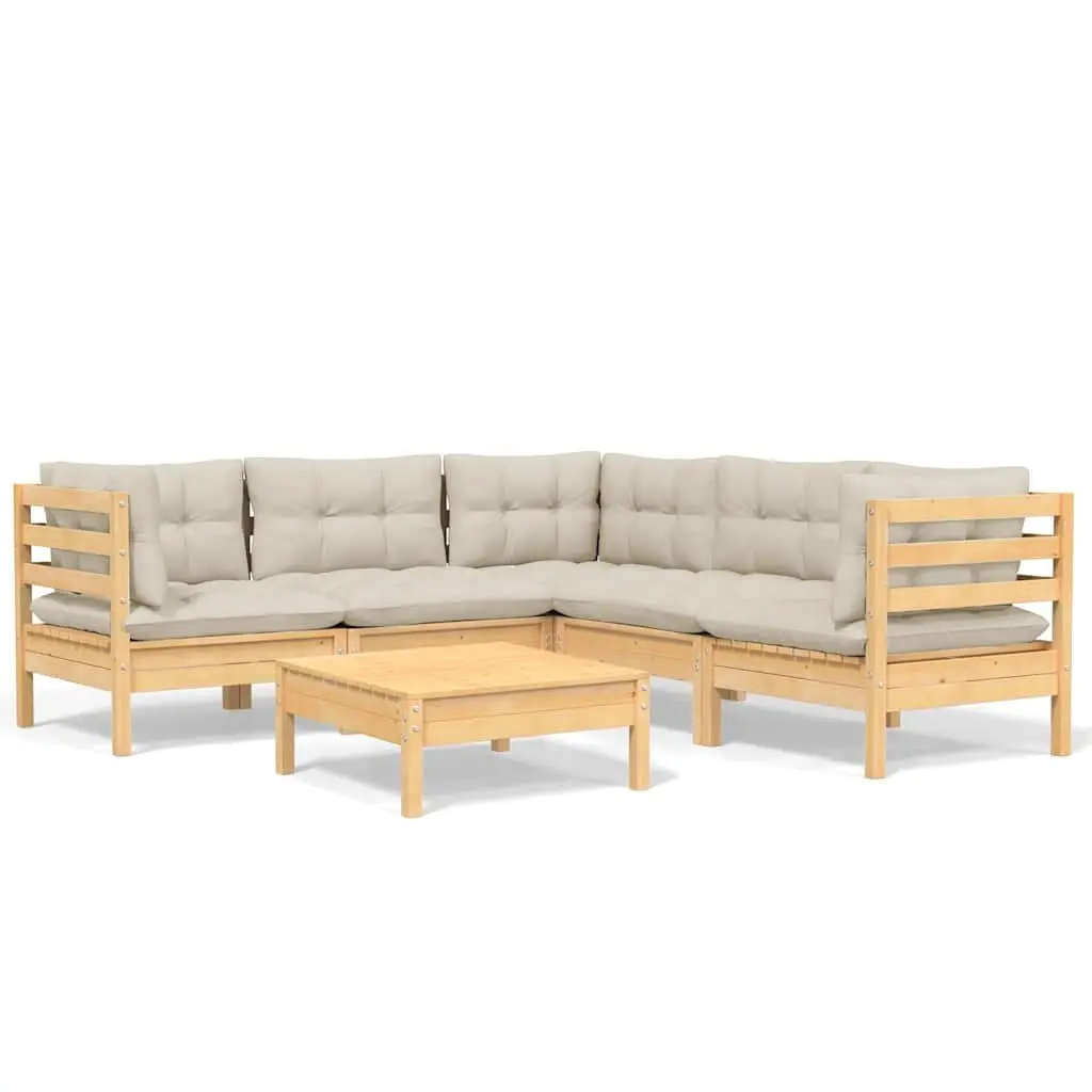 Garden Lounge Set Solid Pinewood 6 Piece Modular Outdoor Patio Furniture with Cream Cushions