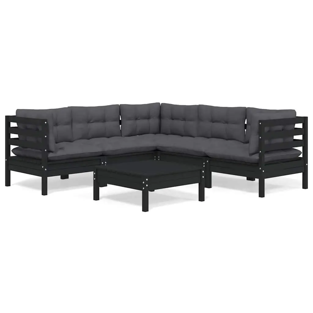 Garden Lounge Set 6 Piece Outdoor Patio Furniture Black Pinewood with Cushions
