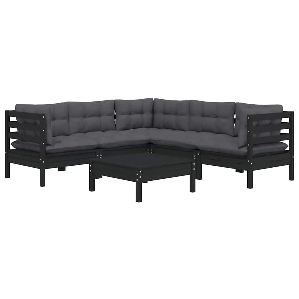 Garden Lounge Set 6 Piece Outdoor Patio Furniture Black Pinewood with Cushions