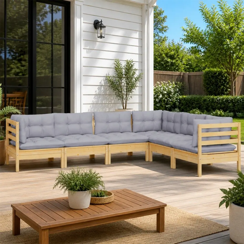 6 Piece Modular Garden Lounge Set with Grey Cushions Made of Solid Pinewood for Outdoor Patio Relaxation