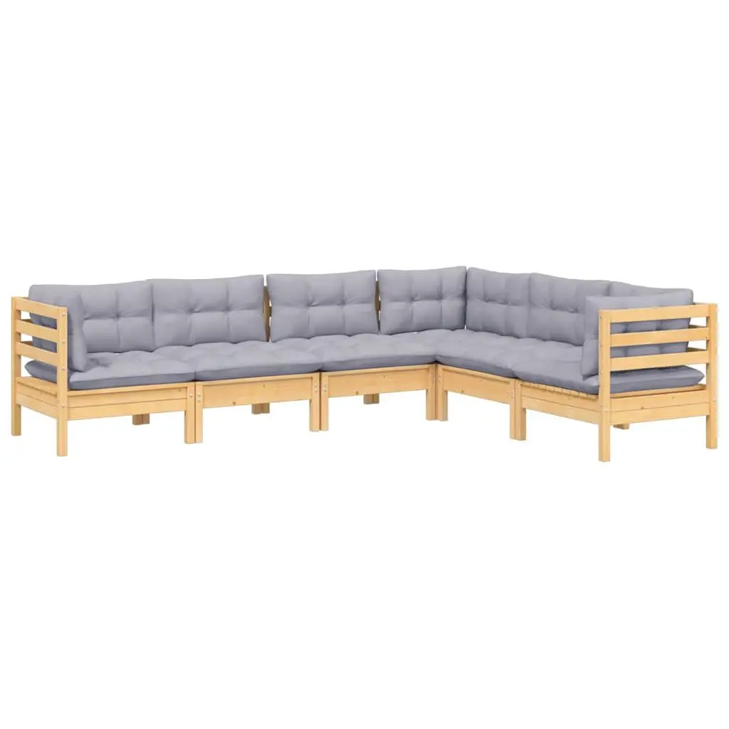 6 Piece Modular Garden Lounge Set with Grey Cushions Made of Solid Pinewood for Outdoor Patio Relaxation
