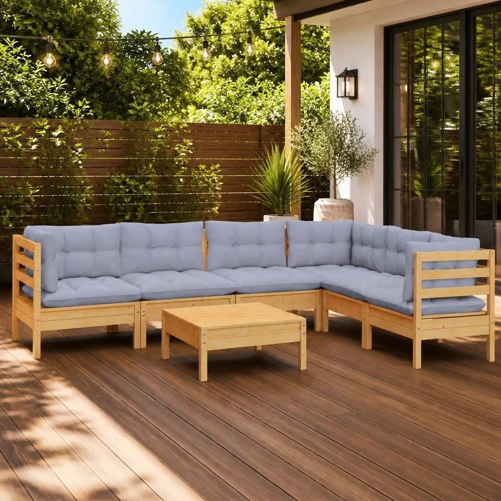 7 Piece Modular Garden Lounge Set Solid Pinewood Grey Cushions Outdoor Patio Furniture