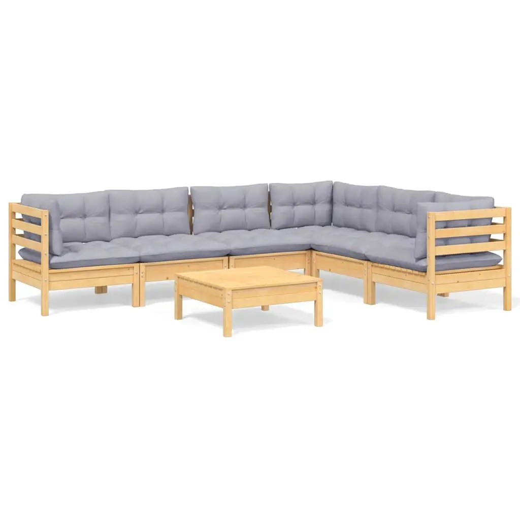 7 Piece Modular Garden Lounge Set Solid Pinewood Grey Cushions Outdoor Patio Furniture