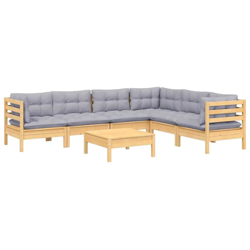 7 Piece Modular Garden Lounge Set Solid Pinewood Grey Cushions Outdoor Patio Furniture