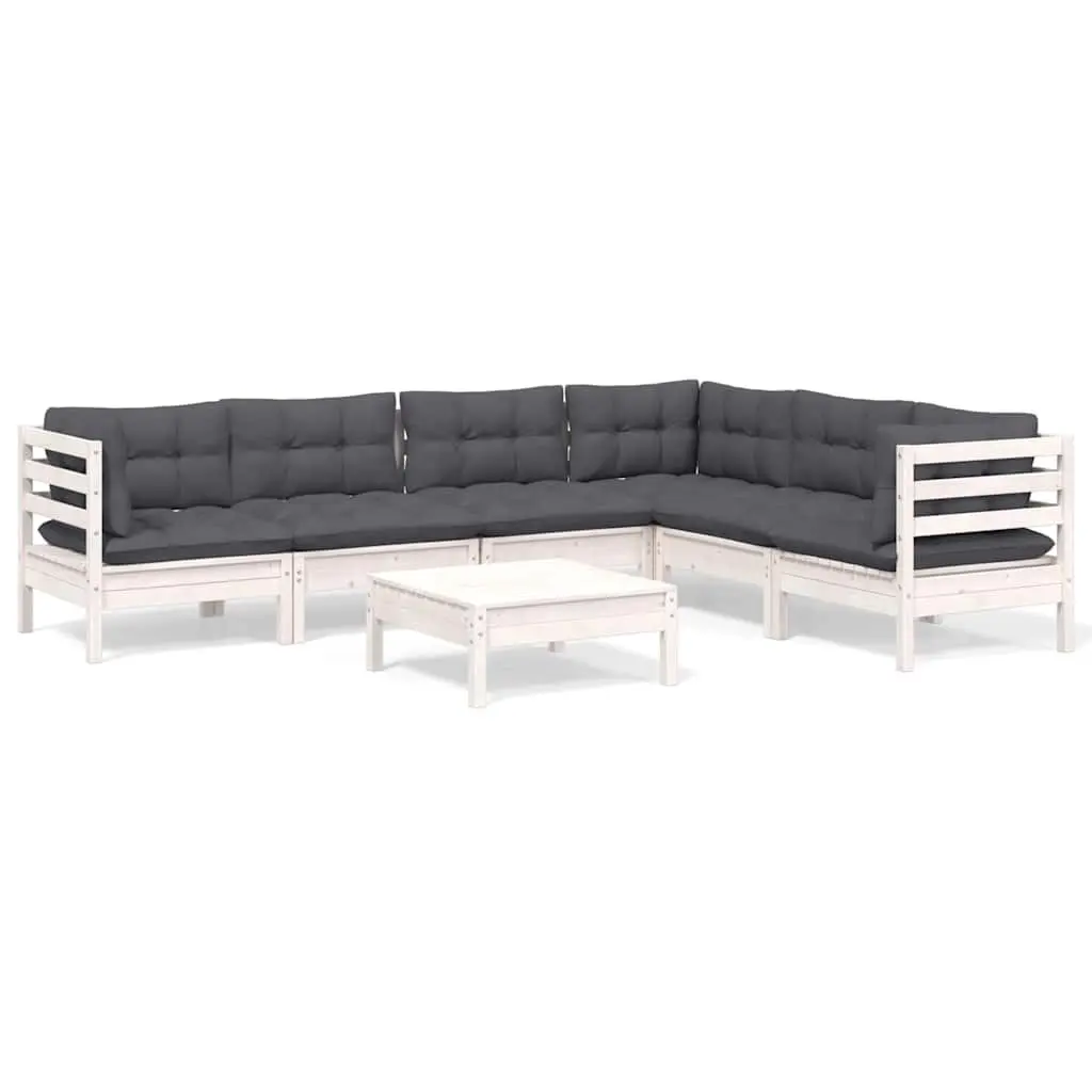 7 Piece Modular Lounge Set White Solid Pinewood Outdoor Furniture with Cushions for Garden and Patio