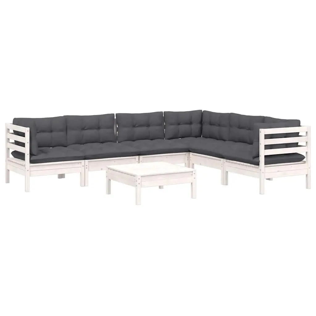 7 Piece Modular Lounge Set White Solid Pinewood Outdoor Furniture with Cushions for Garden and Patio
