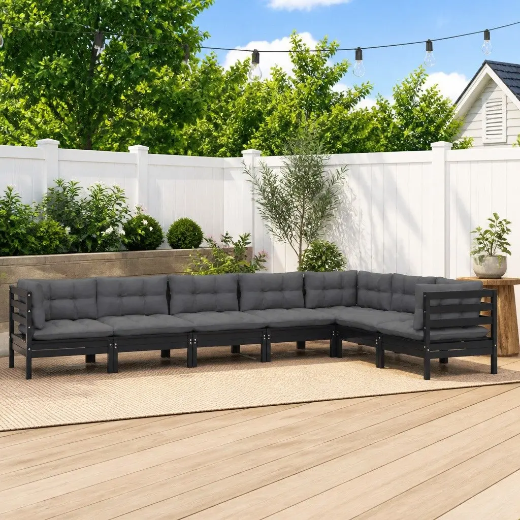 7 Piece Outdoor Modular Lounge Set Cushioned Black Solid Pinewood Patio Furniture