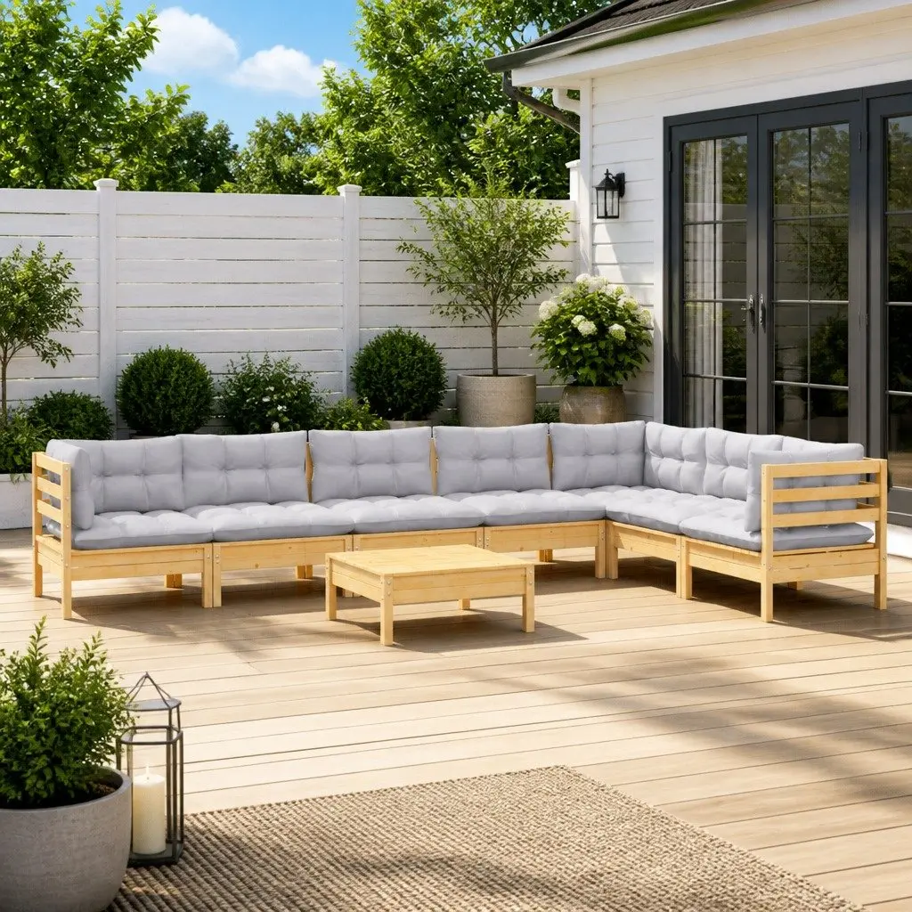 Garden Lounge Set Solid Pinewood 8 Piece Modular Patio Furniture with Grey Cushions
